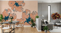Graphic blossom outlines frame Tropical Flow Summary wall mural in peach tones