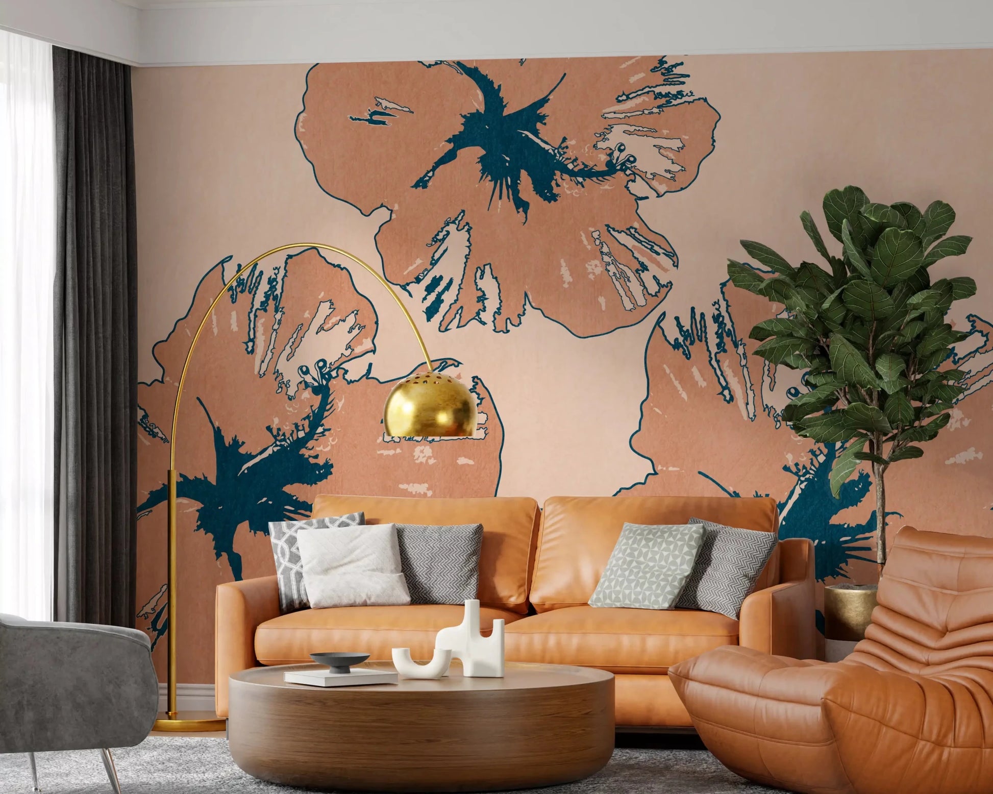 Modern Tropical Flow Summary wall mural in an office with peach floral contrast