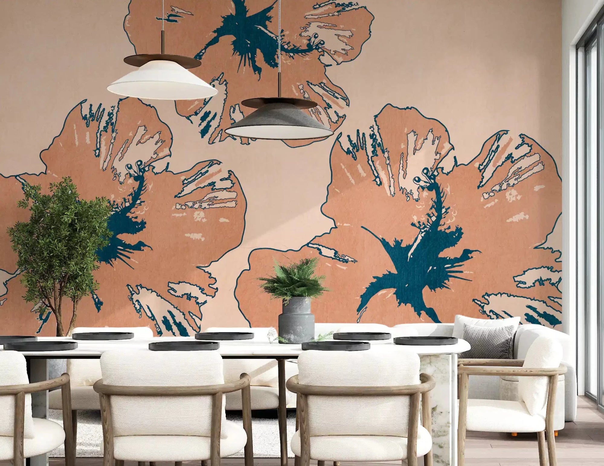 Airy Tropical Flow Summary wall mural in a dining room with repeating flower pattern, GD9383