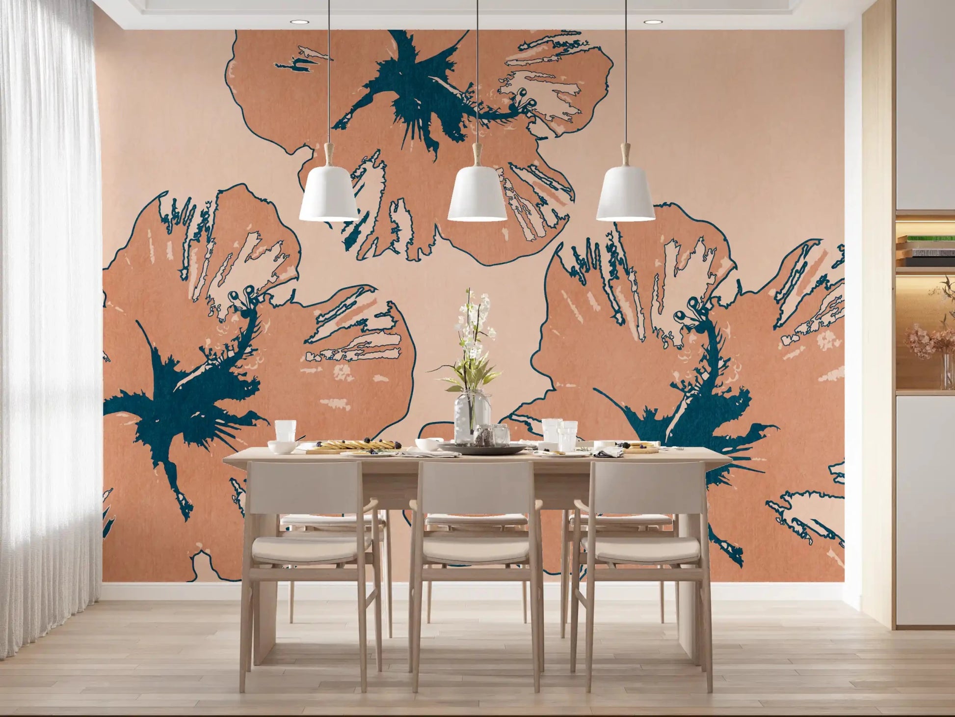 Warm floral movement marks Tropical Flow Summary wall mural with bold contrast