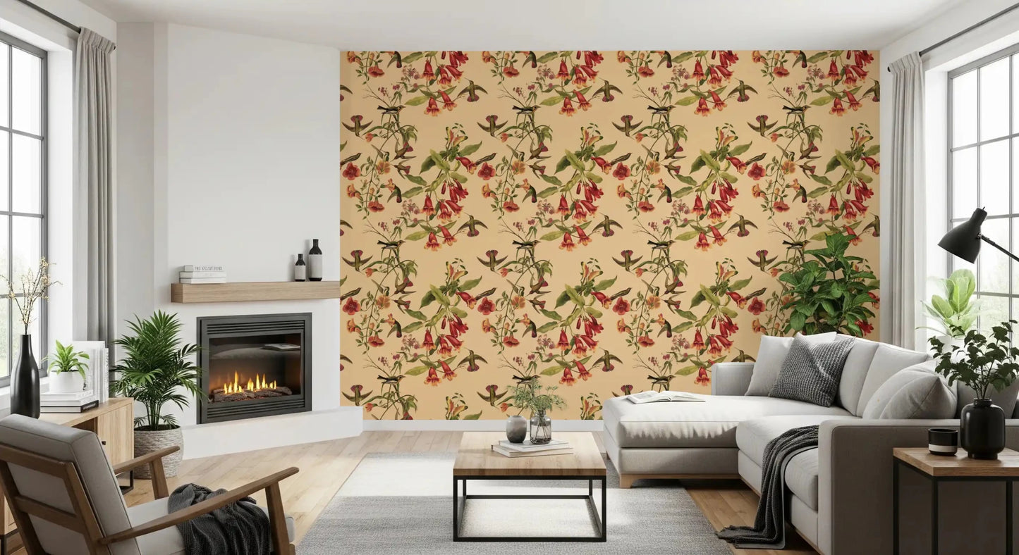 Colorful bird motif in Tropical Flowers Wallpaper with blossoms