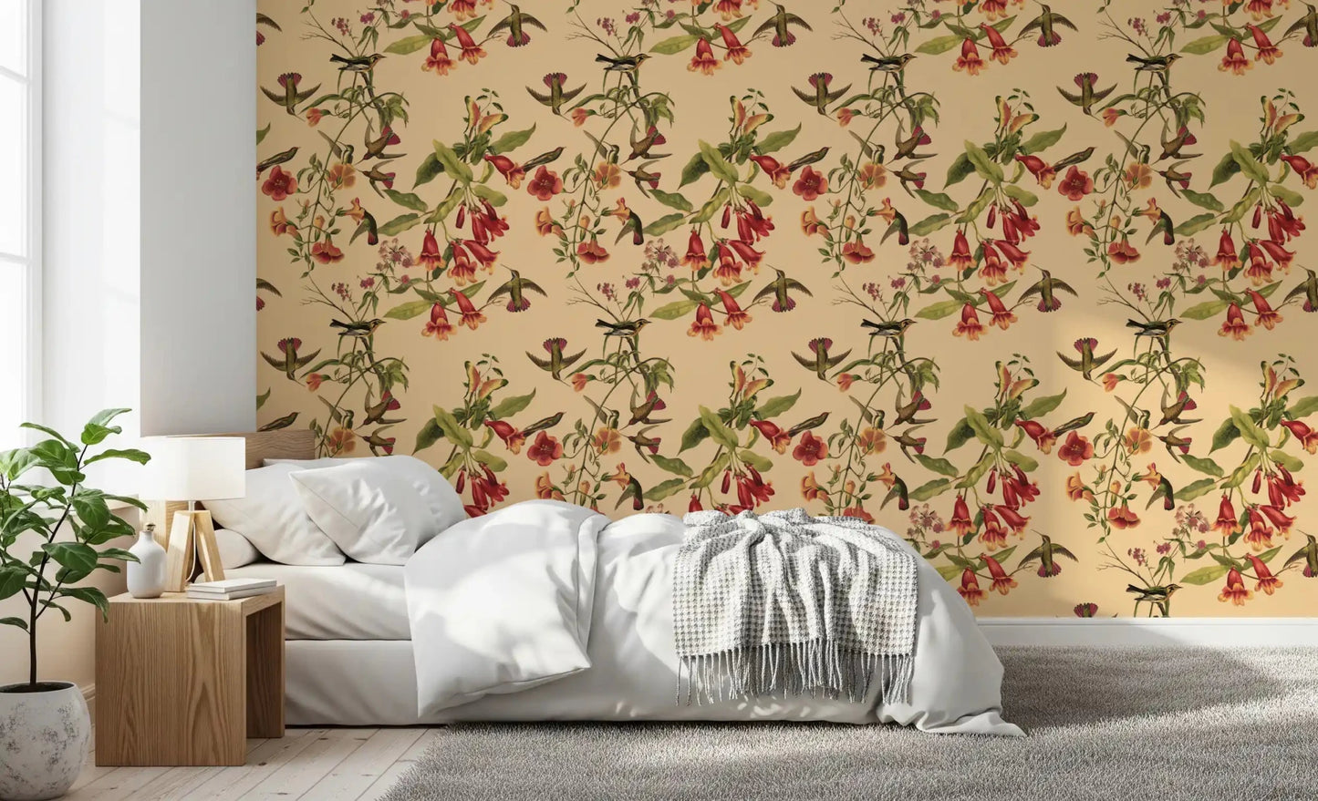 Vintage botanical wall with Hummingbirds and floral Wallpaper