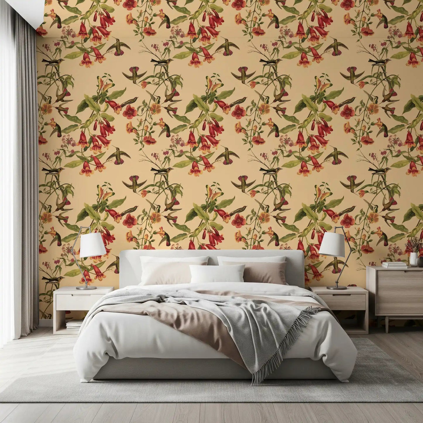 Bedroom styled in Vintage Style Wallpaper with tropical bird detail