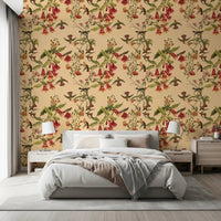 Bedroom styled in Vintage Style Wallpaper with tropical bird detail
