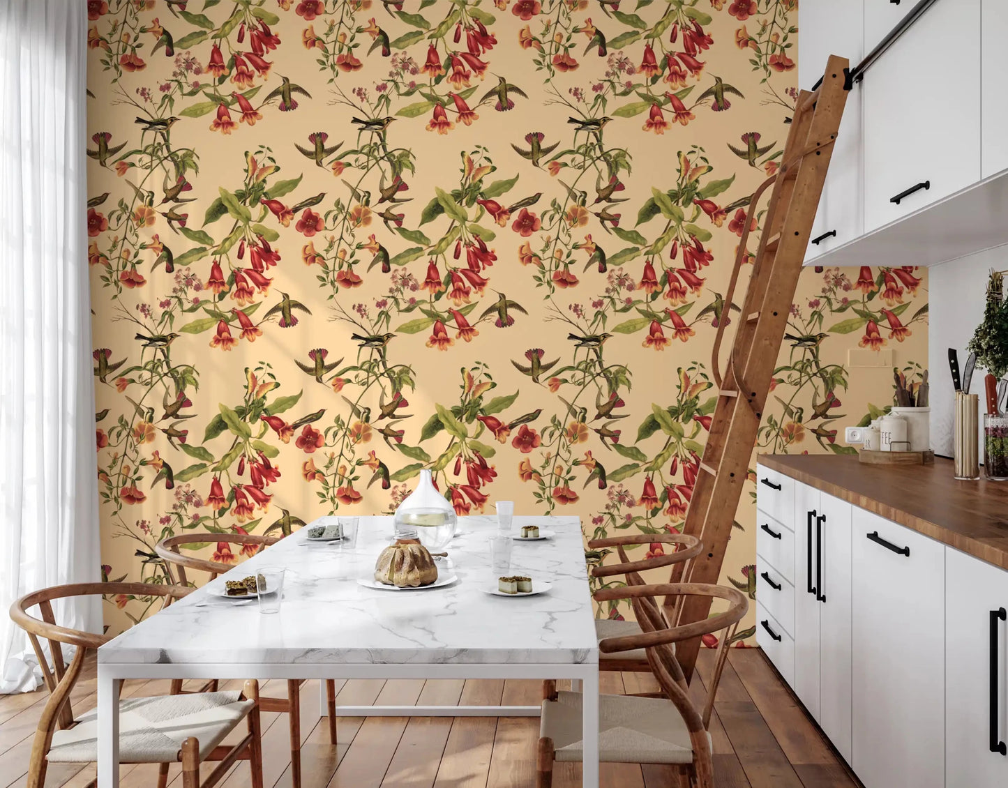 Tropical bloom pattern on Hummingbirds Wallpaper with leafy stems