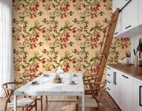 Tropical bloom pattern on Hummingbirds Wallpaper with leafy stems