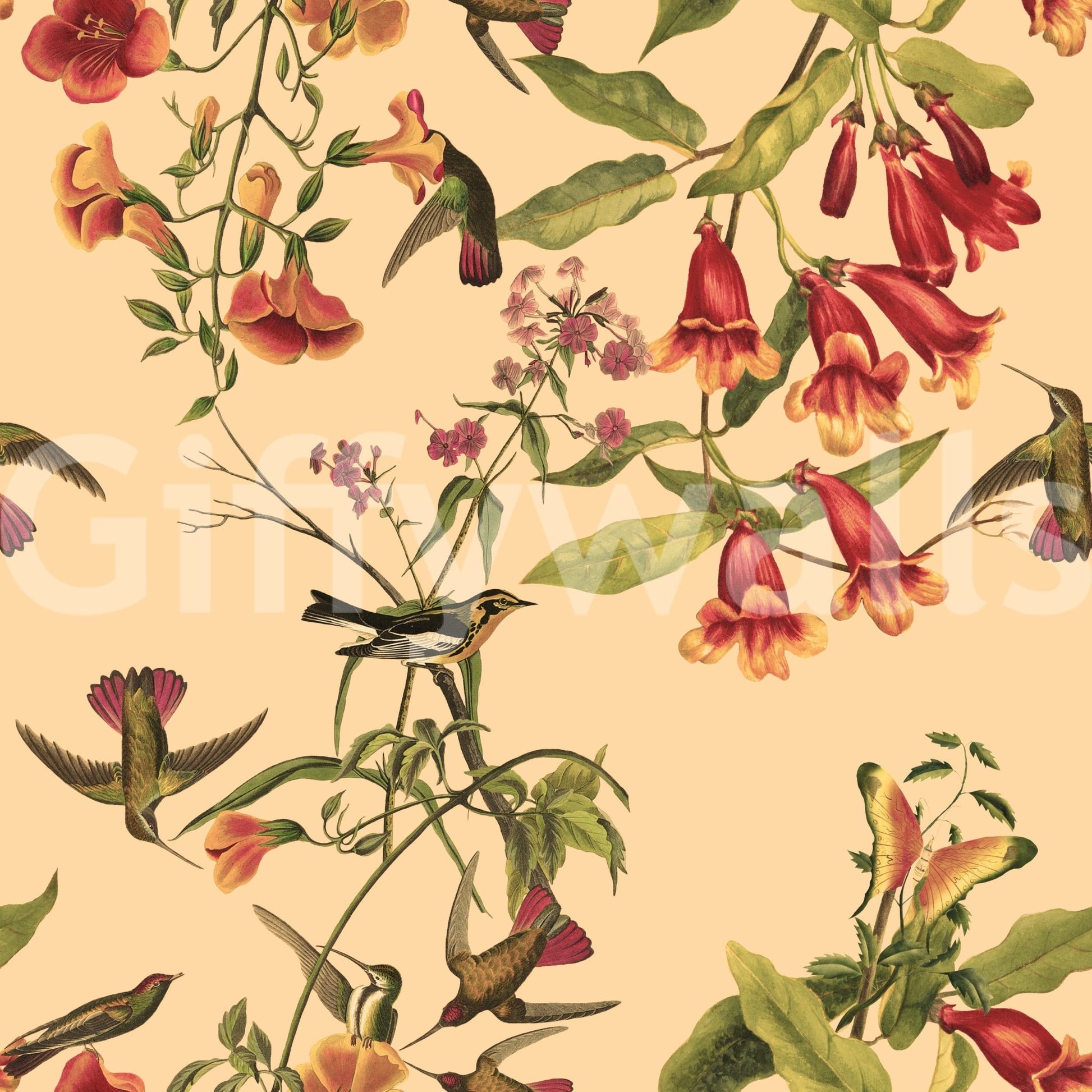 Nature-inspired pattern on Tropical Flowers and Hummingbirds wallpaper