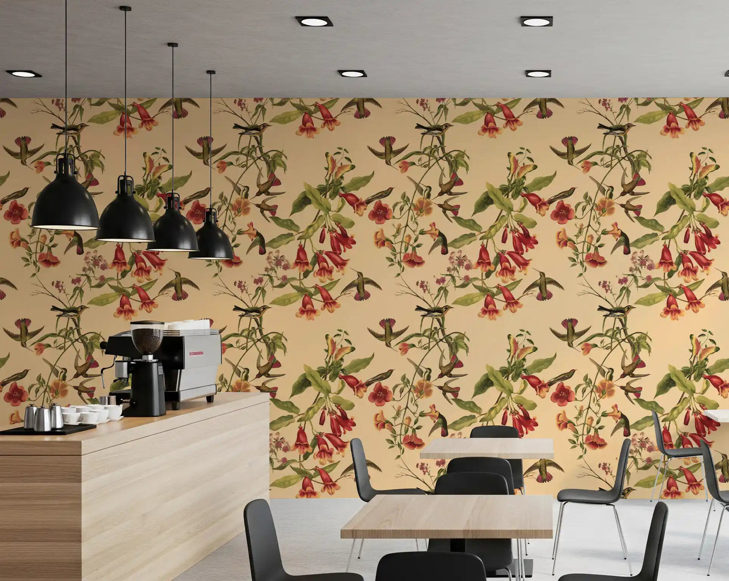 Floral branch layout with Vintage Style Wallpaper and hummingbirds