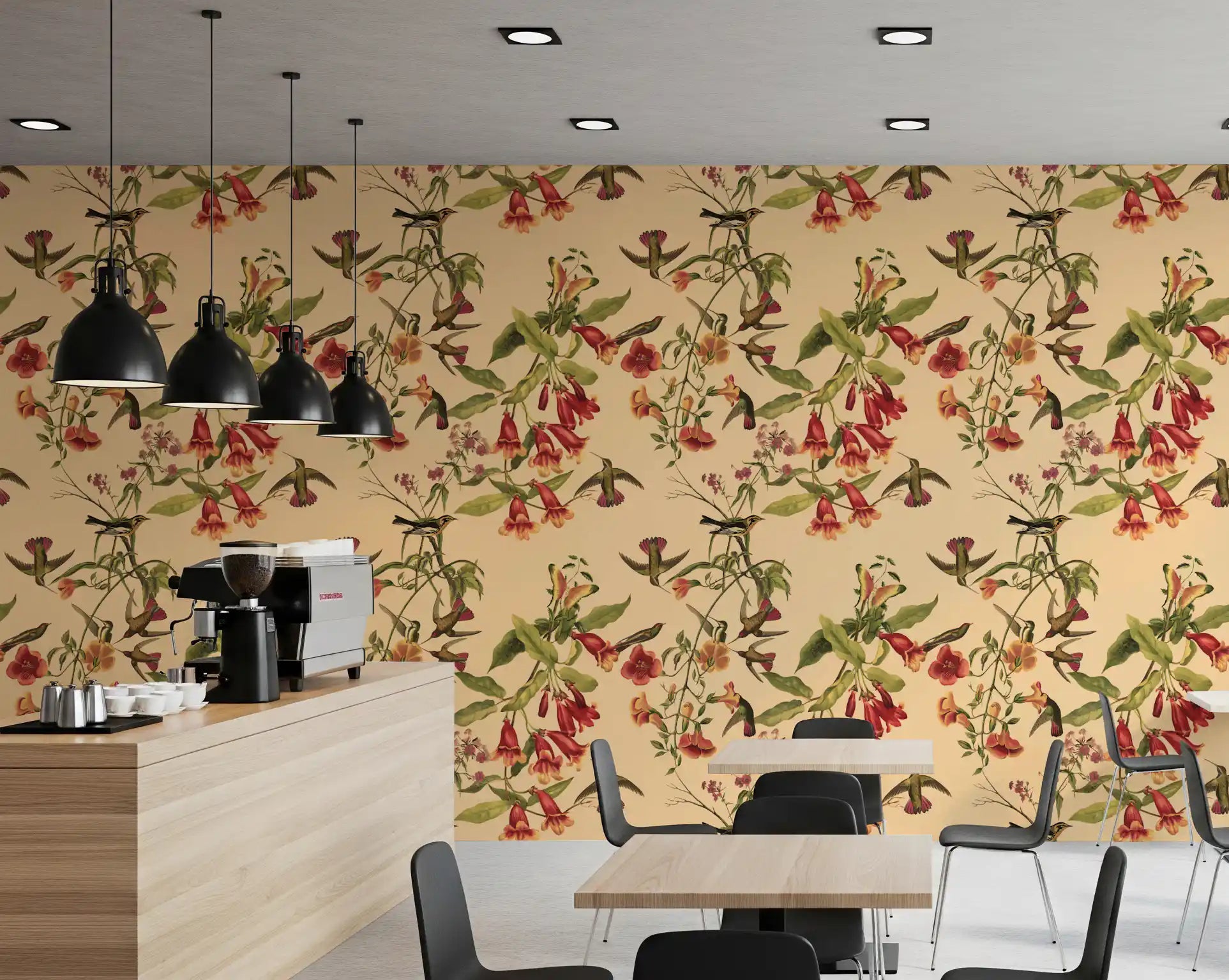 Floral branch layout with Vintage Style Wallpaper and hummingbirds