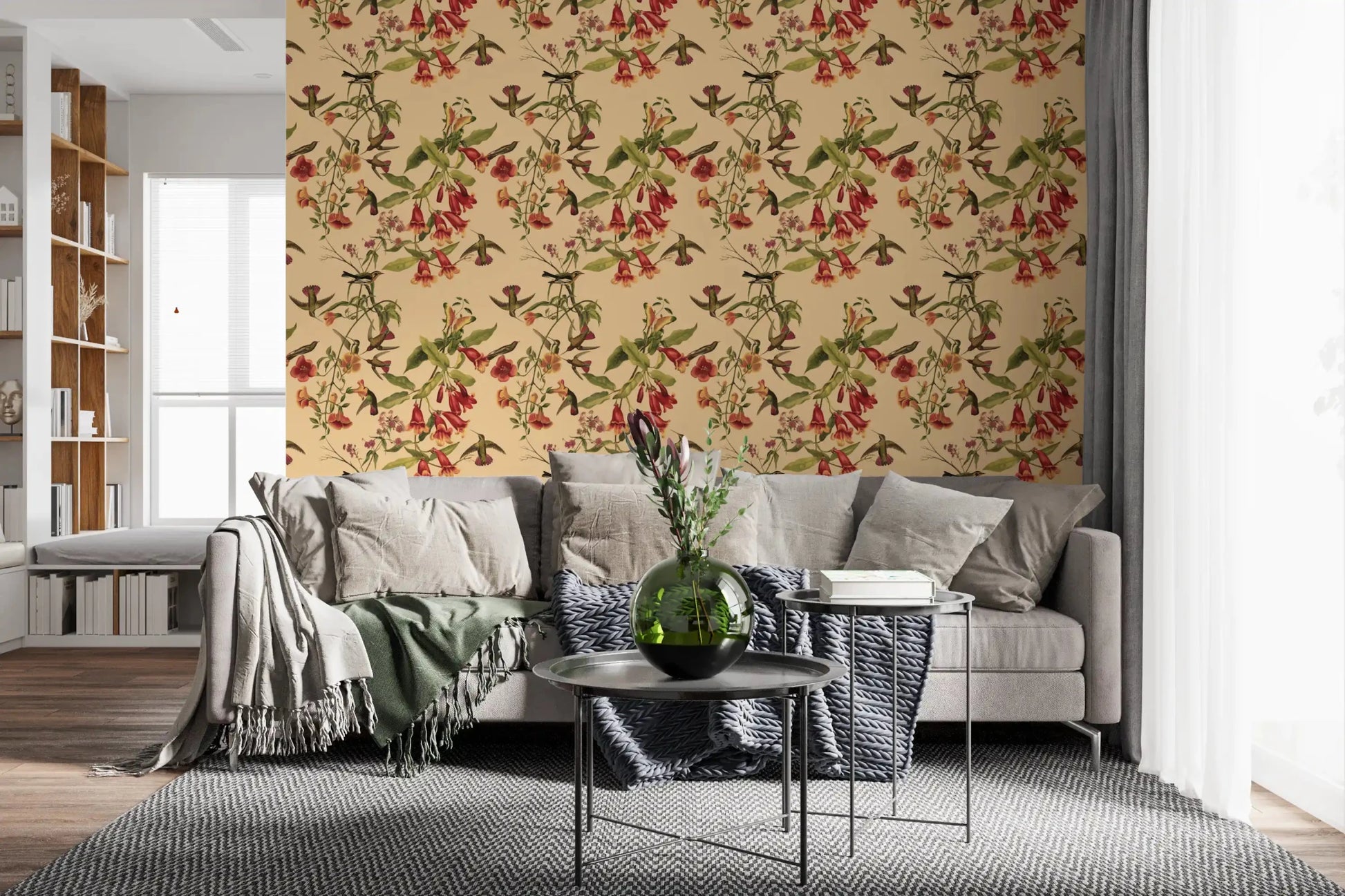 Living room with Tropical Flowers and Hummingbirds vintage Wallpaper