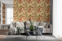 Living room with Tropical Flowers and Hummingbirds vintage Wallpaper