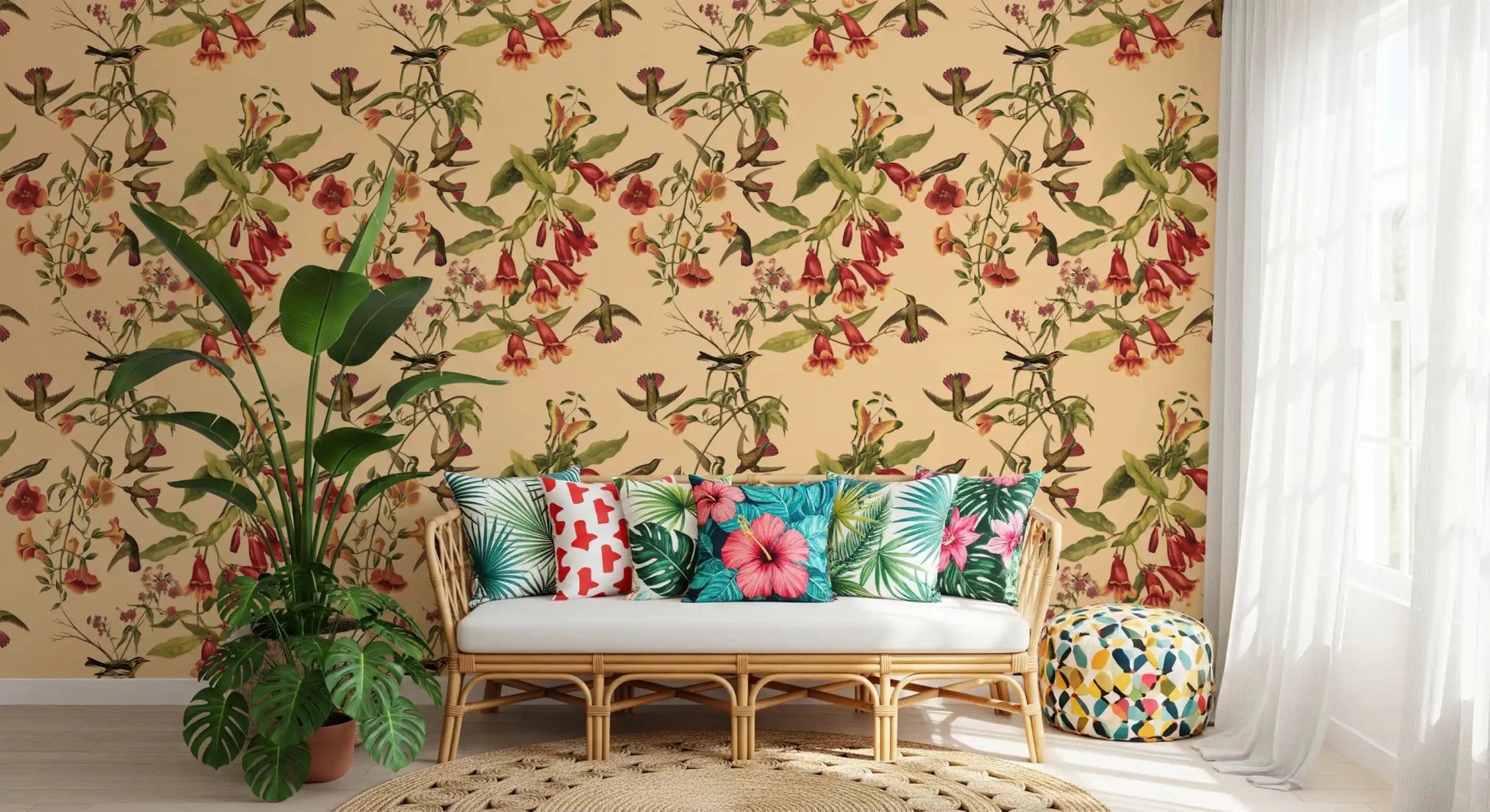 Hallway featuring Tropical Flowers and Hummingbirds Wallpaper