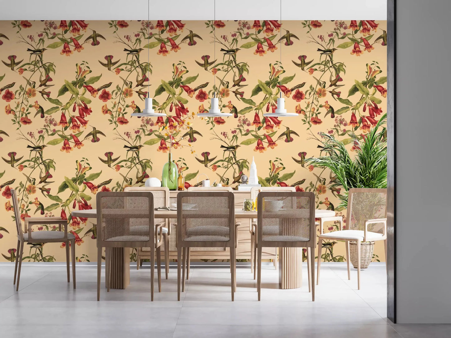 Dining room wall with Hummingbirds and floral Vintage Style Wallpaper