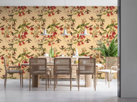 Dining room wall with Hummingbirds and floral Vintage Style Wallpaper