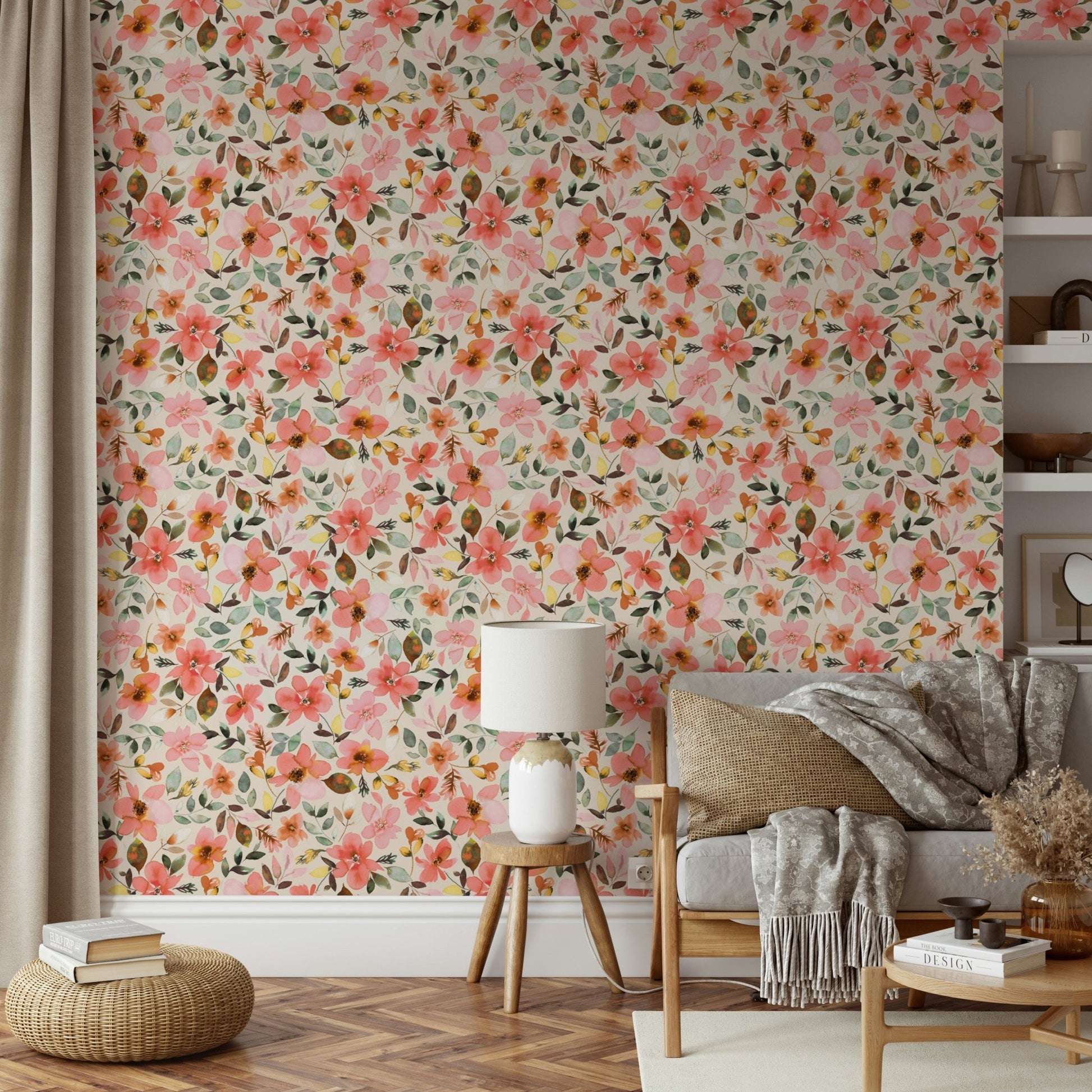 Soft sand-colored wall mural with tropical flowers

