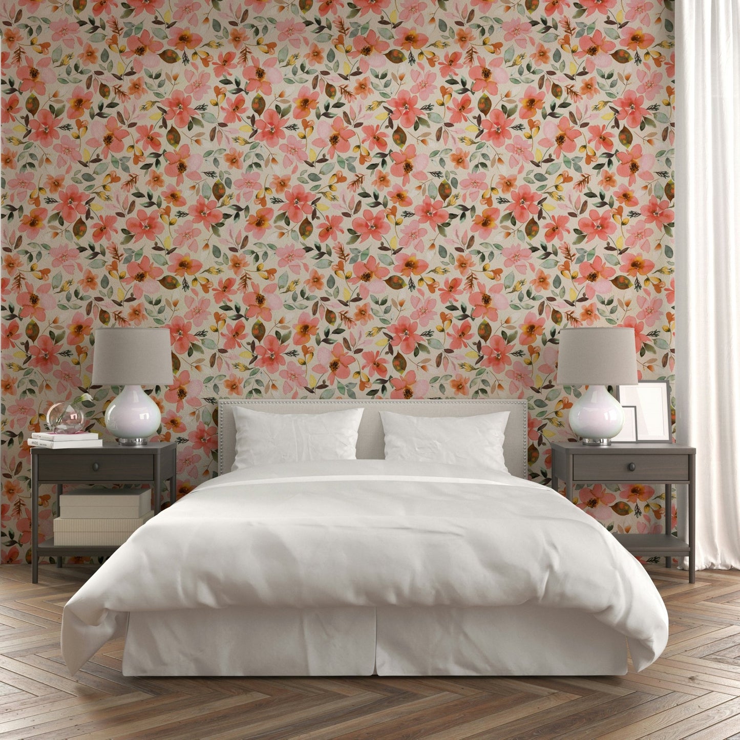 Hand-painted tropical flower mural in warm hues

