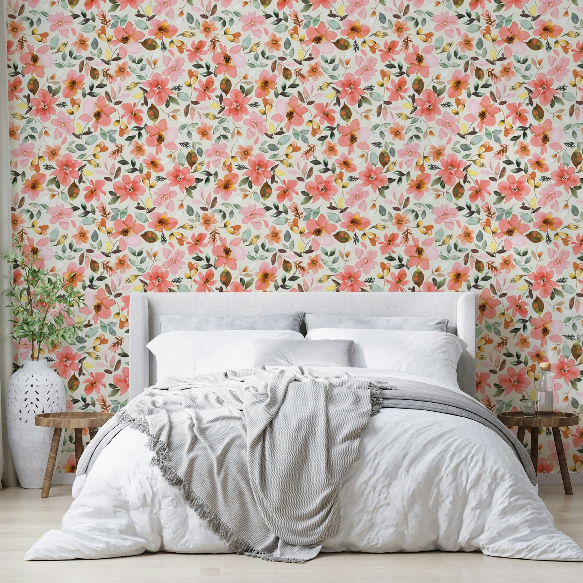 Cream and coral floral wallpaper for relaxed spaces

