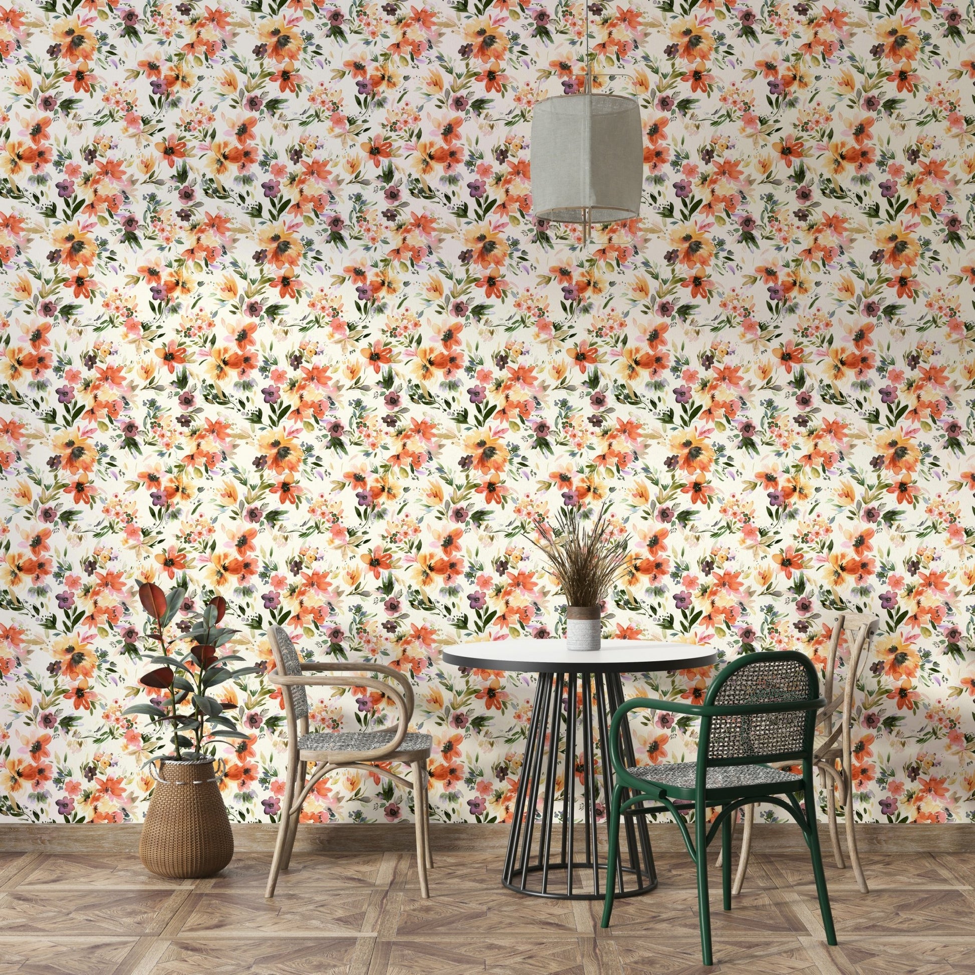 Colorful floral wall mural with tropical leaves

