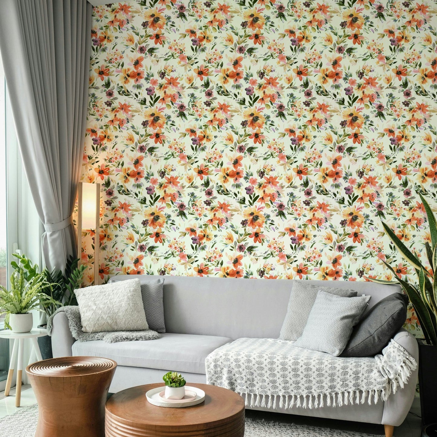 Bright floral mural wallpaper close-up


