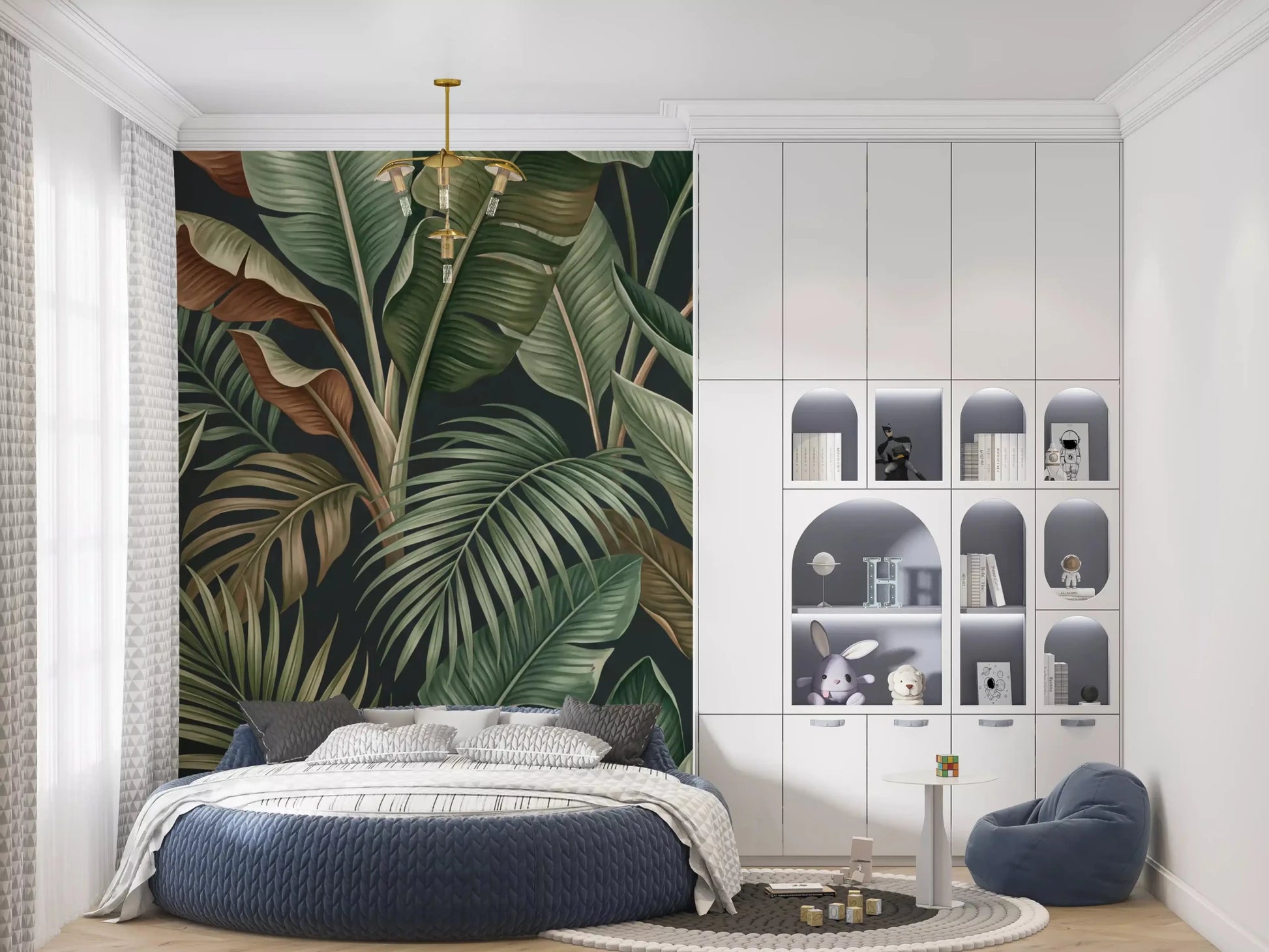 Bedroom styled with Tropical Foliage Mystique green leaf mural, GD9418