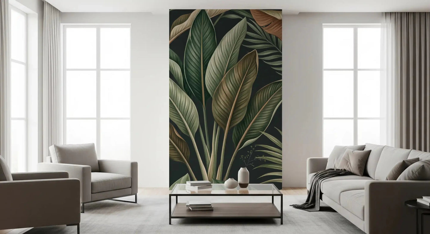 Living area wall with Tropical Foliage Mystique tropical leaves, GD9418