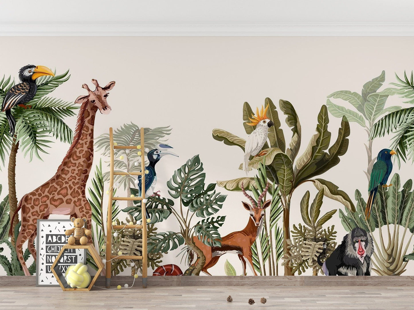 Vibrant Tropical Forest Animal Wall Mural Design