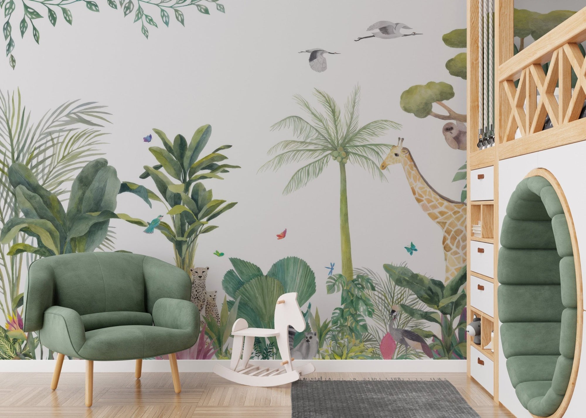 Tropical forest wallpaper with giraffe and lush greenery, C52