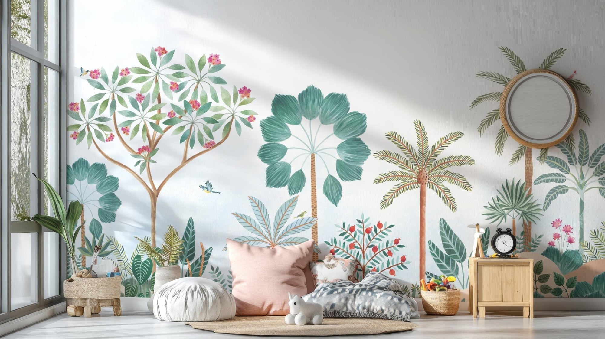 Tropical flora wallpaper with exotic trees and greenery., C33