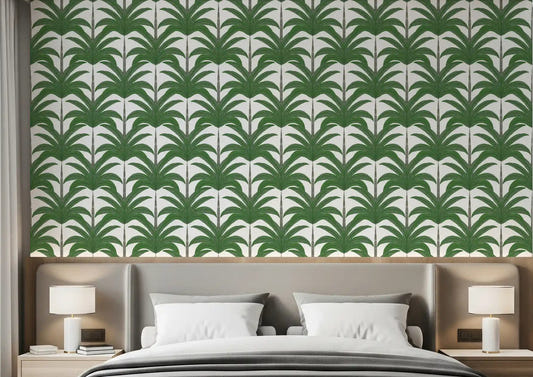 Bedroom with Tropical Frond Rhythm Wallpaper in green palm style