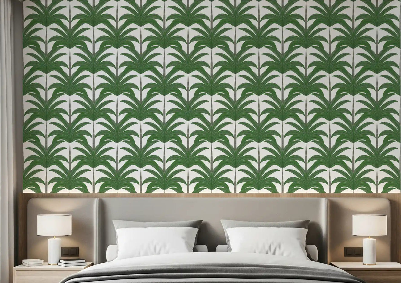 Bedroom with Tropical Frond Rhythm Wallpaper in green palm style