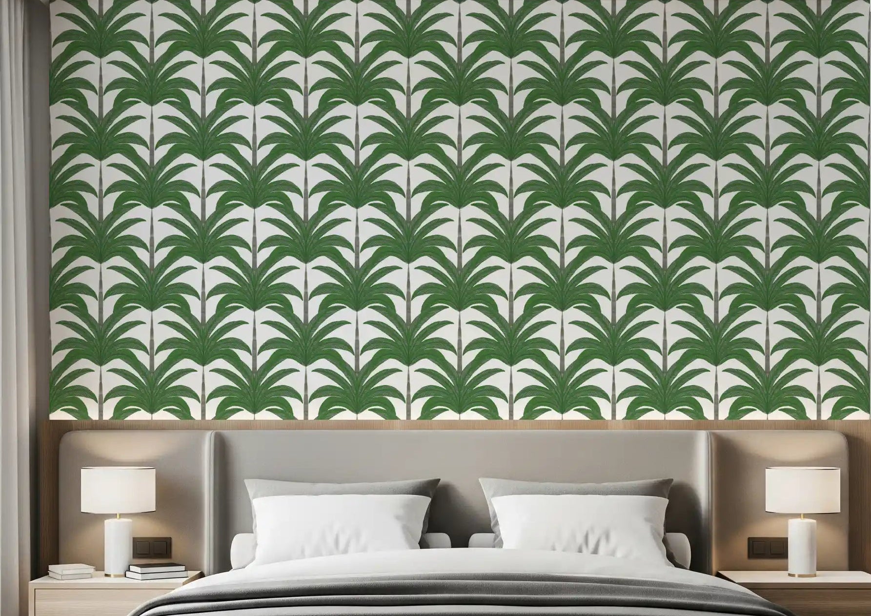 Bedroom with Tropical Frond Rhythm Wallpaper in green palm style, GD9152