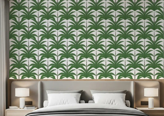 Bedroom with Tropical Frond Rhythm Wallpaper in green palm style