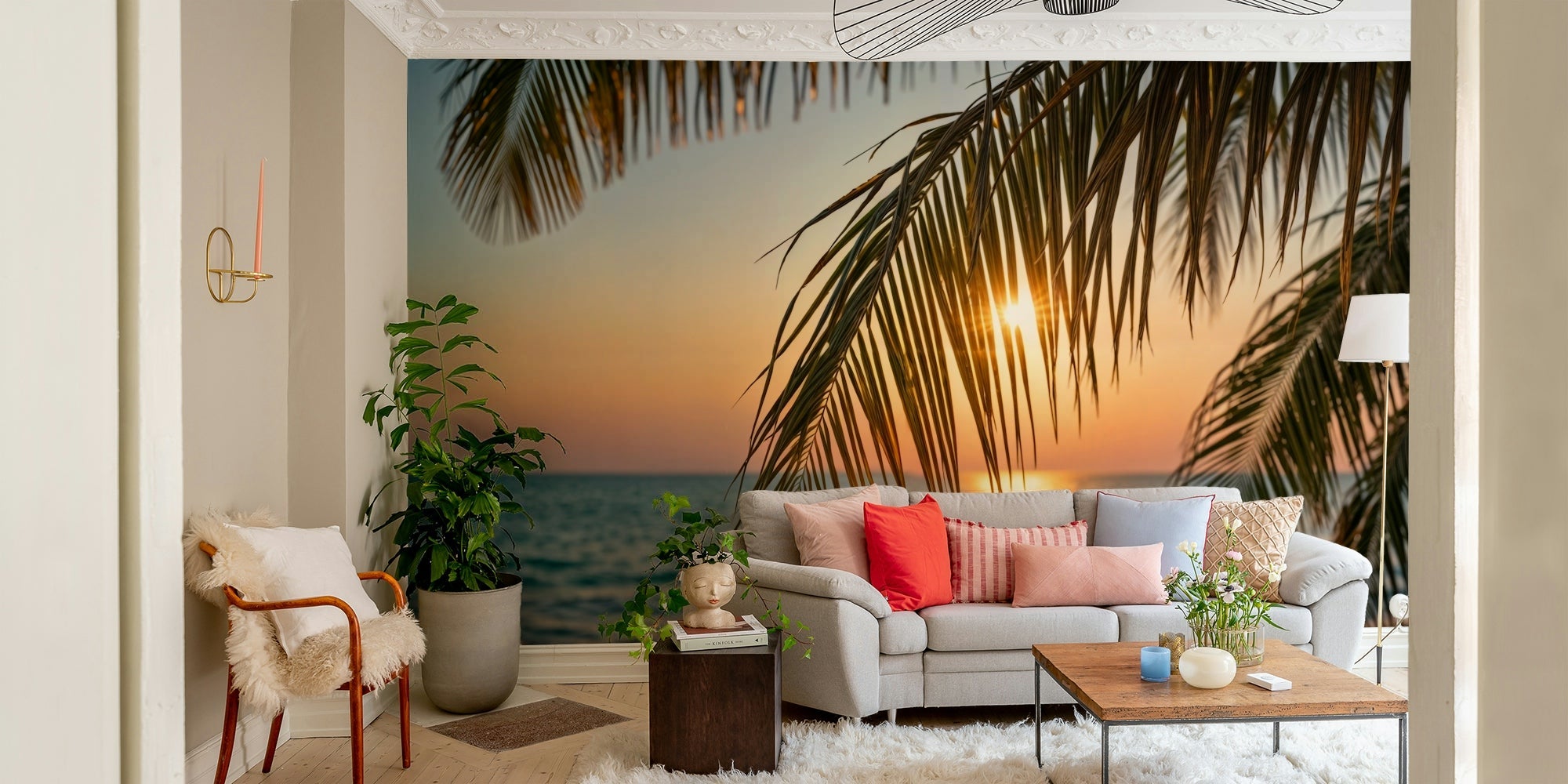 A wall mural of a tropical forest canopy. GD3583


