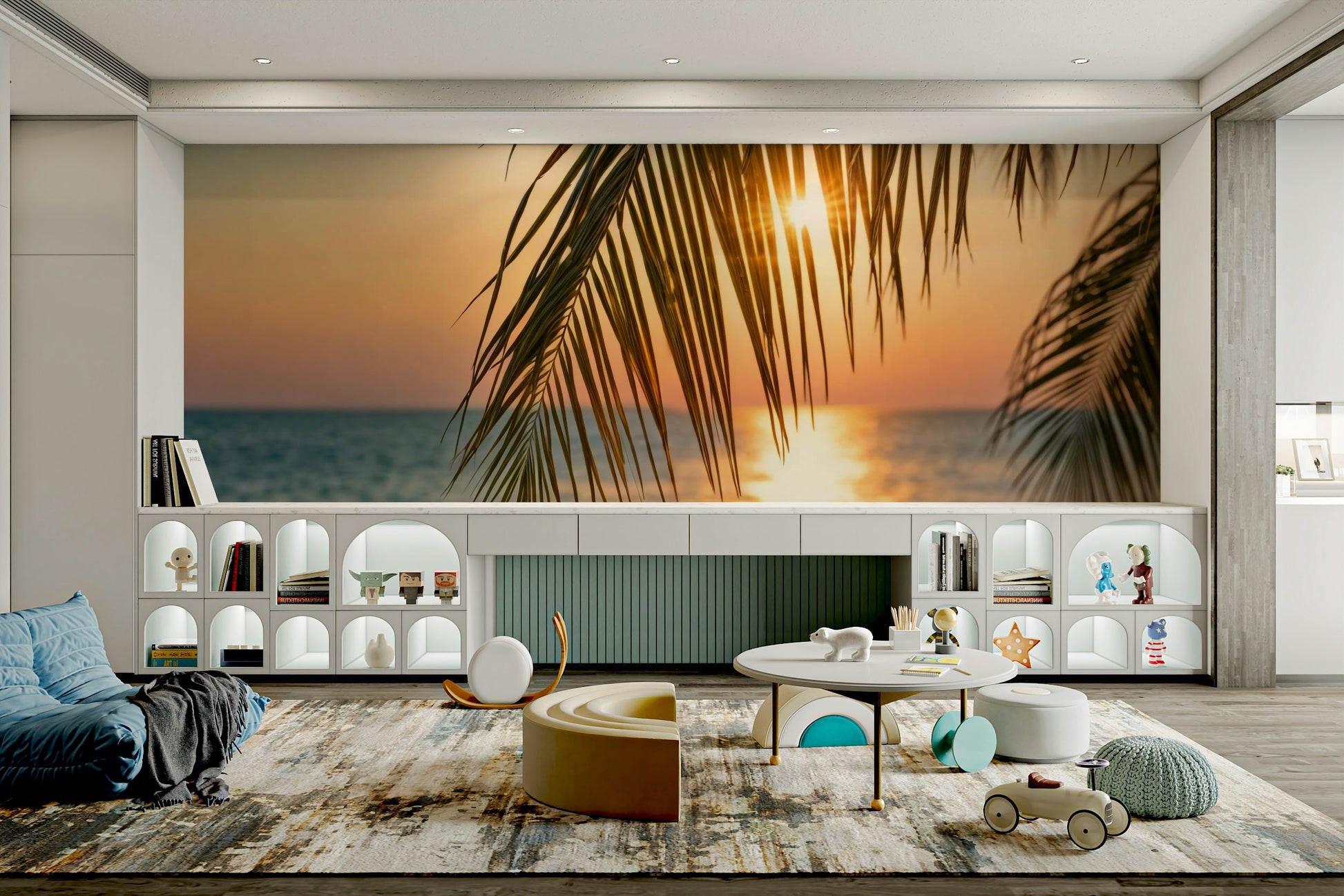 The tropical leaves are a central focus of the image.

