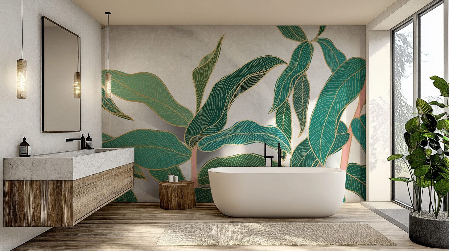 Tropical Gold Rimmed Leaves Wallpaper Mural design tropical-15-1
