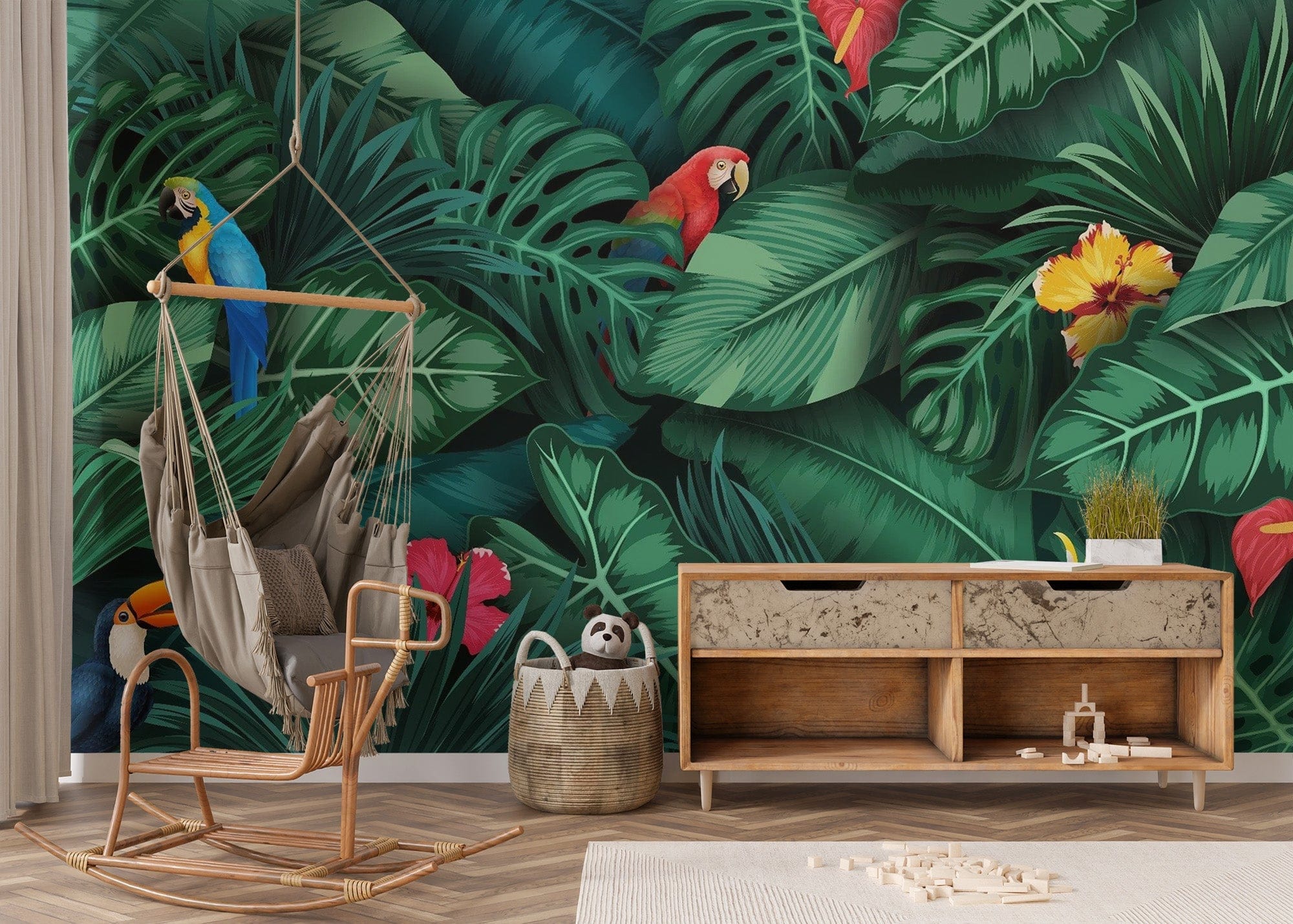 Vibrant tropical wallpaper with green leaves and colorful birds. tropical-05