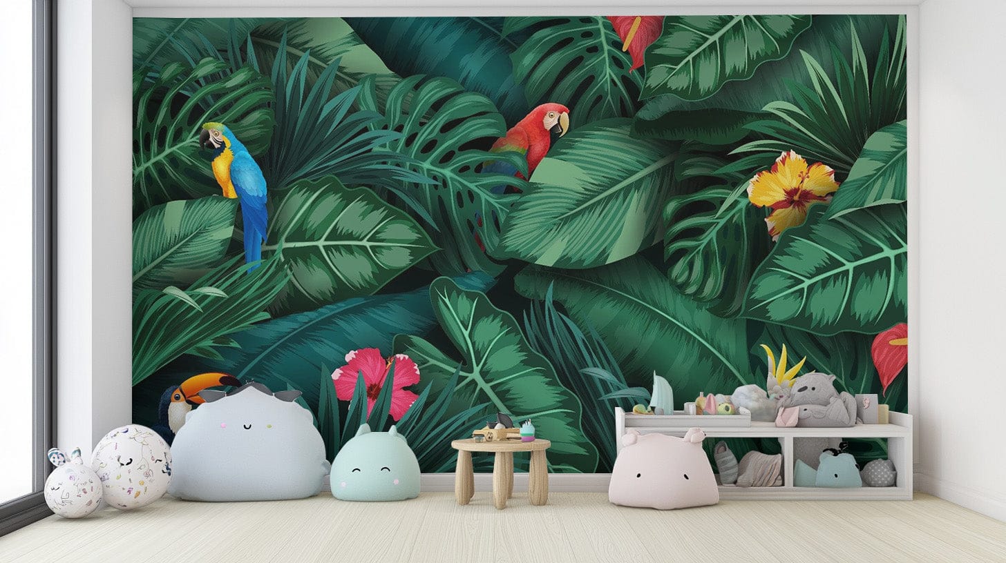 Tropical Green Leaves and Birds Wallpaper Mural - Giffywalls tropical-05