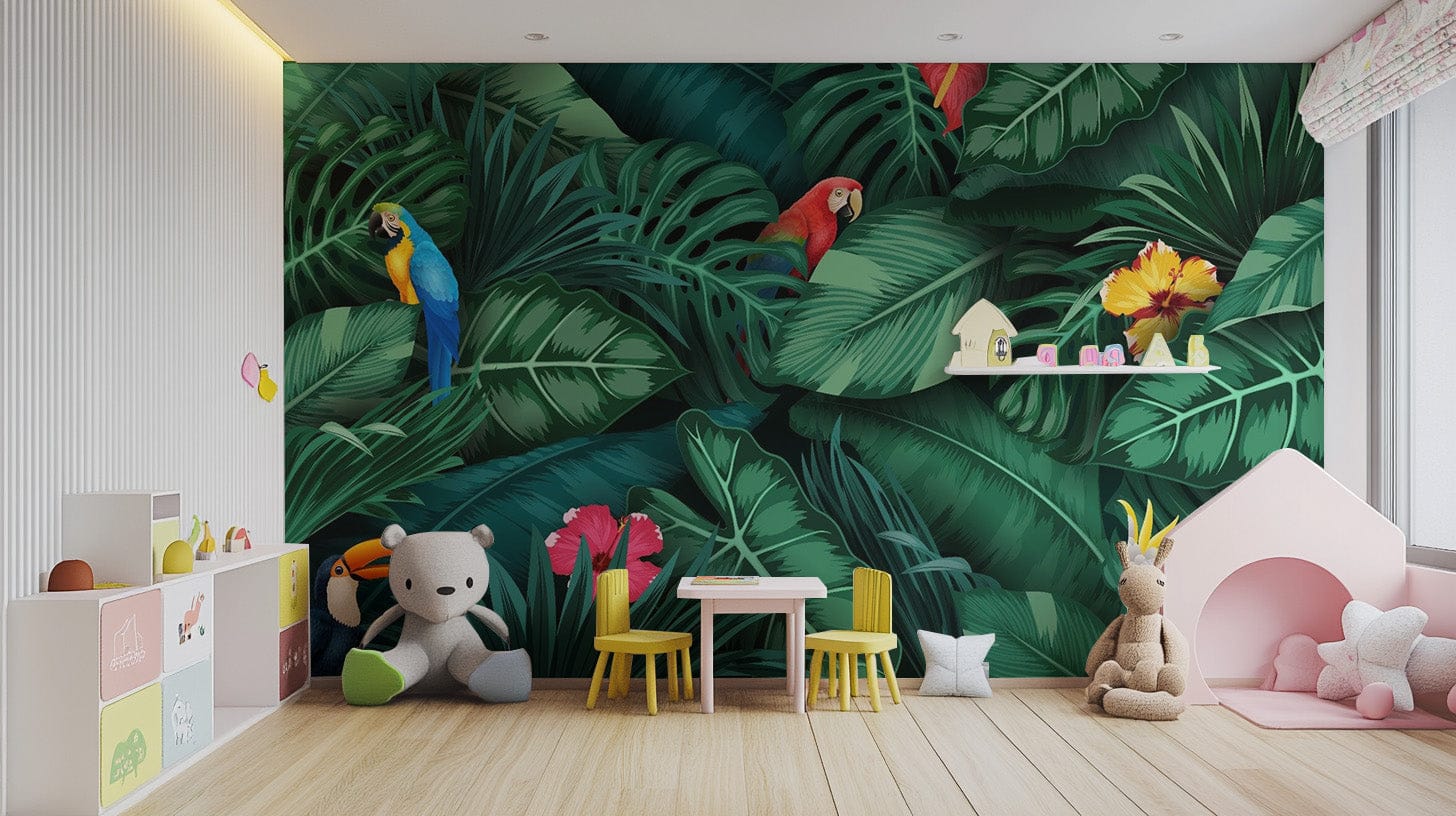 Artistic green leaves and birds wallpaper for lively interiors. tropical-05