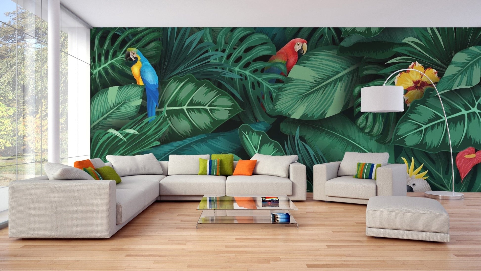 Tropical Green Leaves and Birds Wallpaper Mural - Giffywalls tropical-05