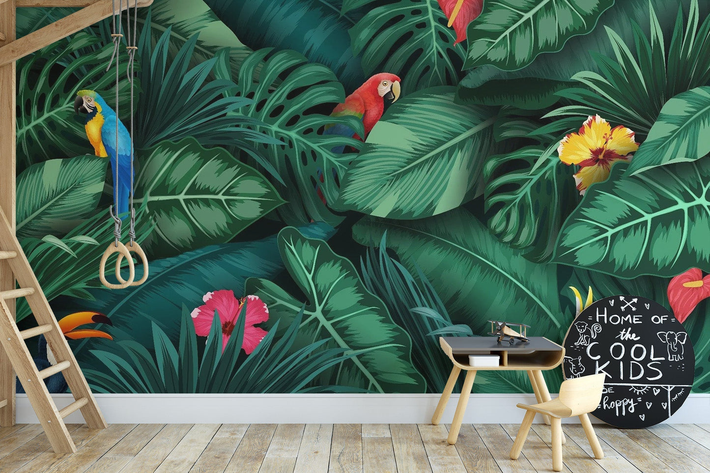 Exotic green leaves wallpaper mural featuring tropical birds. tropical-05