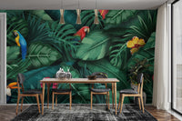 Tropical wallpaper mural with lush foliage and perched birds. tropical-05