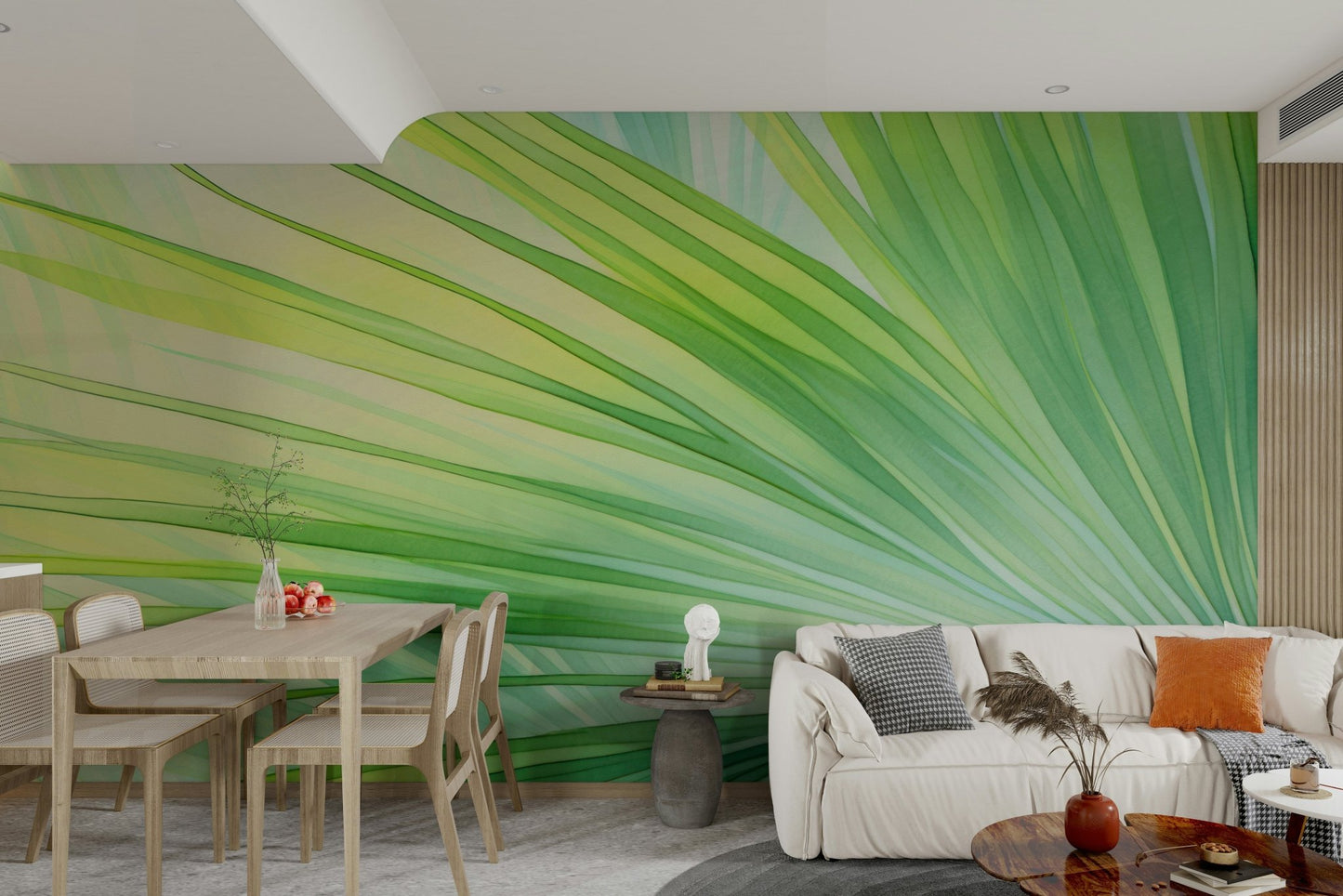 Living room accent with tropical foliage wallpaper

