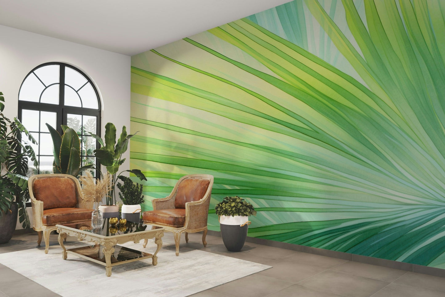 Tropical Green Oasis wall mural on living room wall

