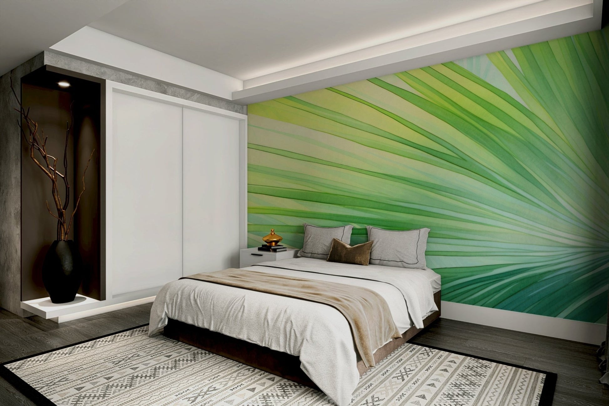 Bedroom decorated with tropical green wallpaper

