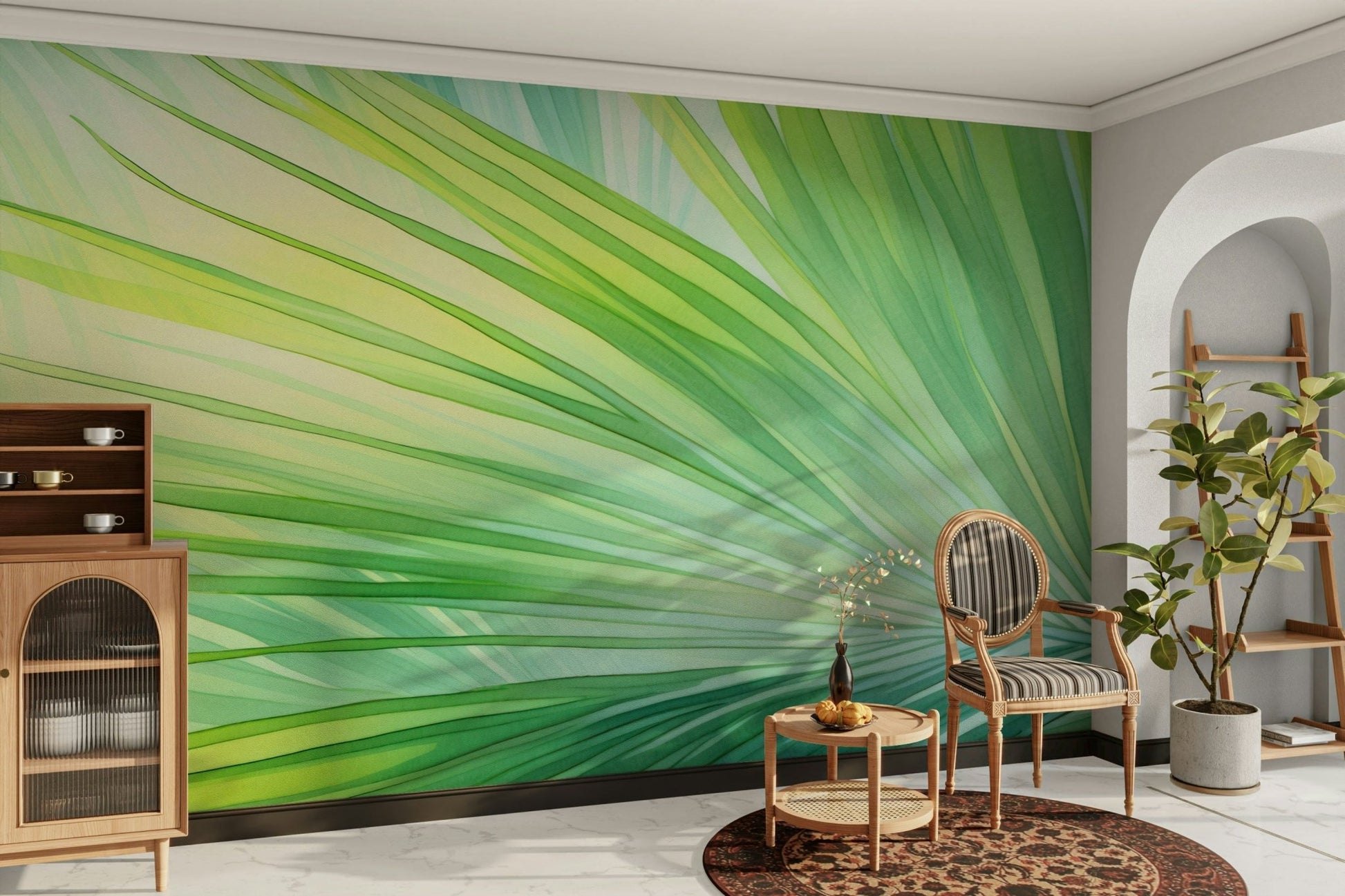 Sunroom with lush botanical wall mural

