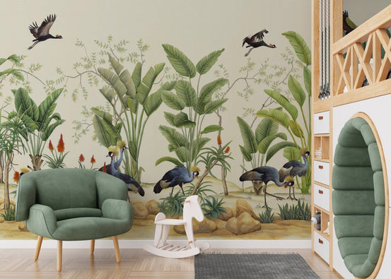 Tropical grey crane wallpaper mural design A424
