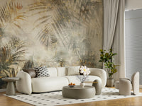 A graceful subtle leaf wall mural in cool, natural tones with dark washes.