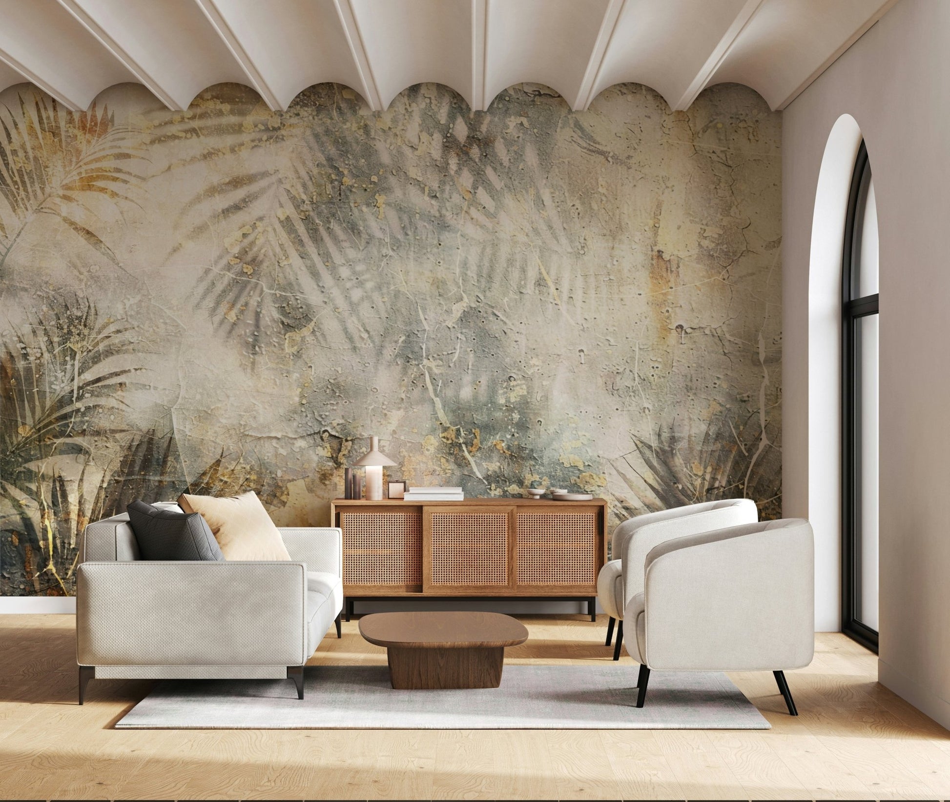 An artistic lush foliage mural on minimalist wallpaper with a textured, raw effect.