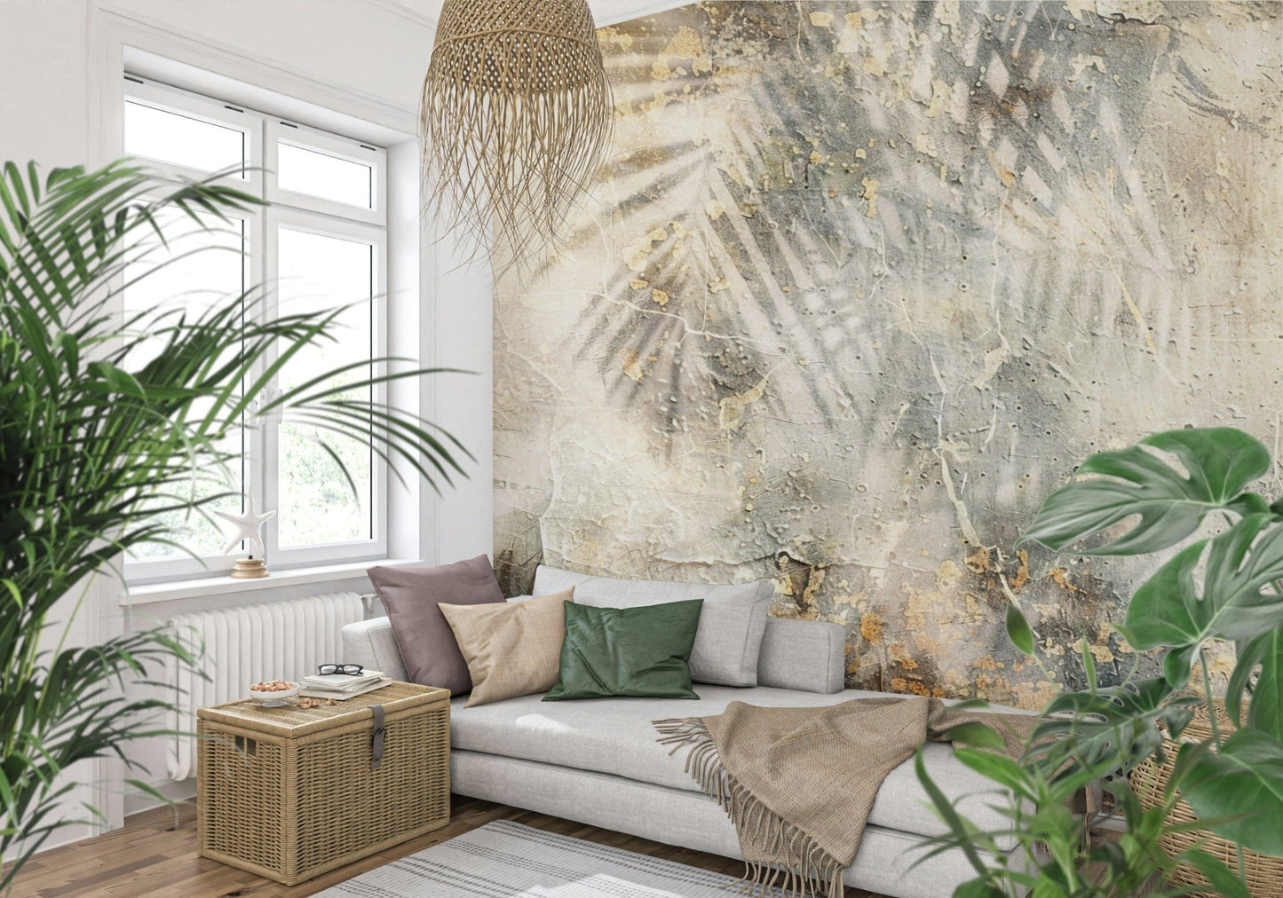 A calming foliage design wallpaper mural that defines a space.