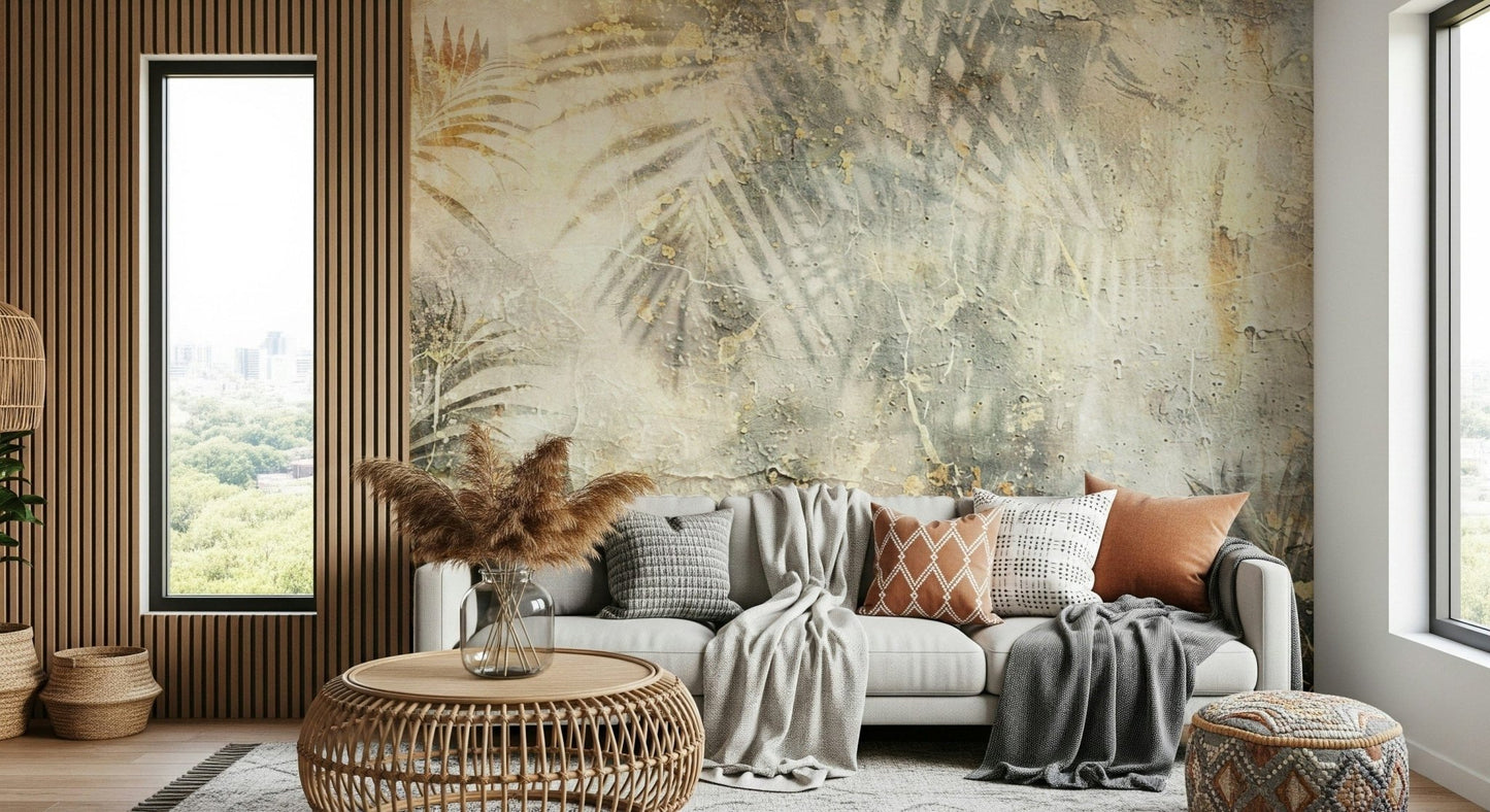 A peaceful botanical pattern mural on decorative wallpaper.